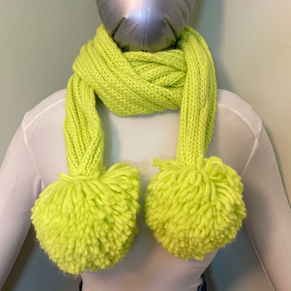 BOGO🛍️Neon Yellow Cable Knit Scarf with Pom Poms